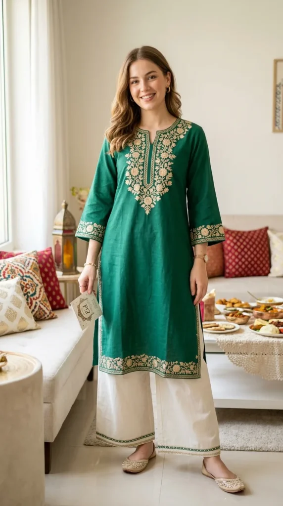 18 Modest Eid Outfit Ideas That Are Both Stylish and Comfortable 2 embroidered-kurta-with-palazzo-pants