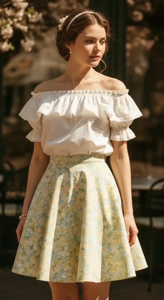 flared-mini-skirt-and-ruffled-off-shoulder-top