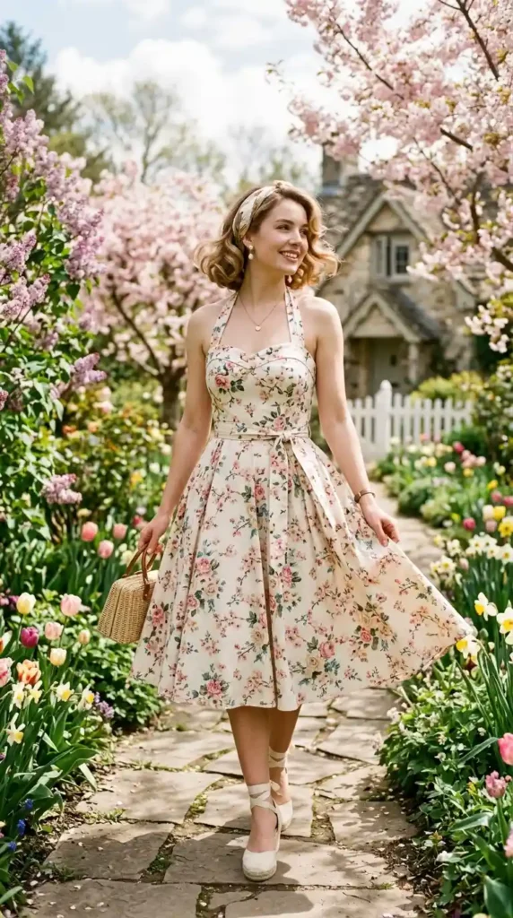 16 Vintage Spring Outfits to Bring Classic Charm to Your Wardrobe 11 halter-strap-swing-dress
