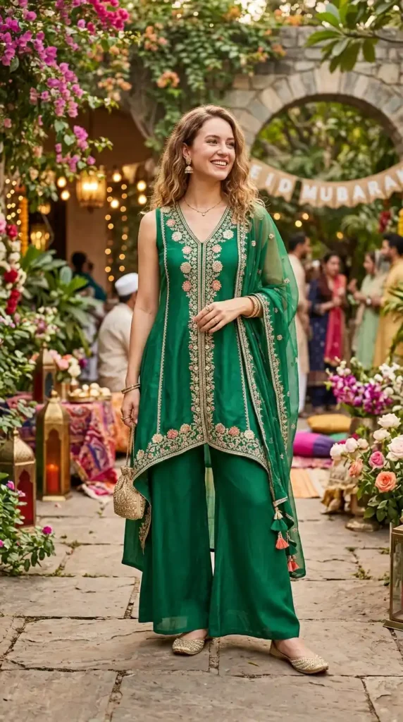 18 Modest Eid Outfit Ideas That Are Both Stylish and Comfortable 14 high-low-kurta-with-palazzo-pants
