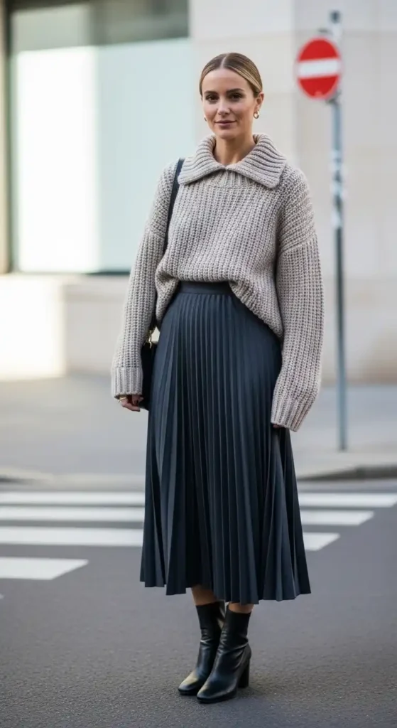 16 Chic 90s Minimalist Fashion Outfits That Are Back in Style 8 knit-sweater-with-pleated-skirt