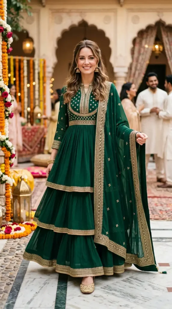 18 Modest Eid Outfit Ideas That Are Both Stylish and Comfortable 15 layered-anarkali-with-dupatta