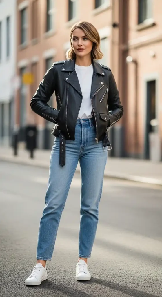 16 Chic 90s Minimalist Fashion Outfits That Are Back in Style 14 leather-jacket-with-straight-leg-jeans