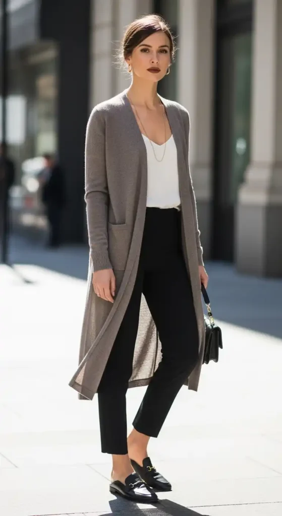 16 Chic 90s Minimalist Fashion Outfits That Are Back in Style 16 long-cardigan-over-slim-trousers