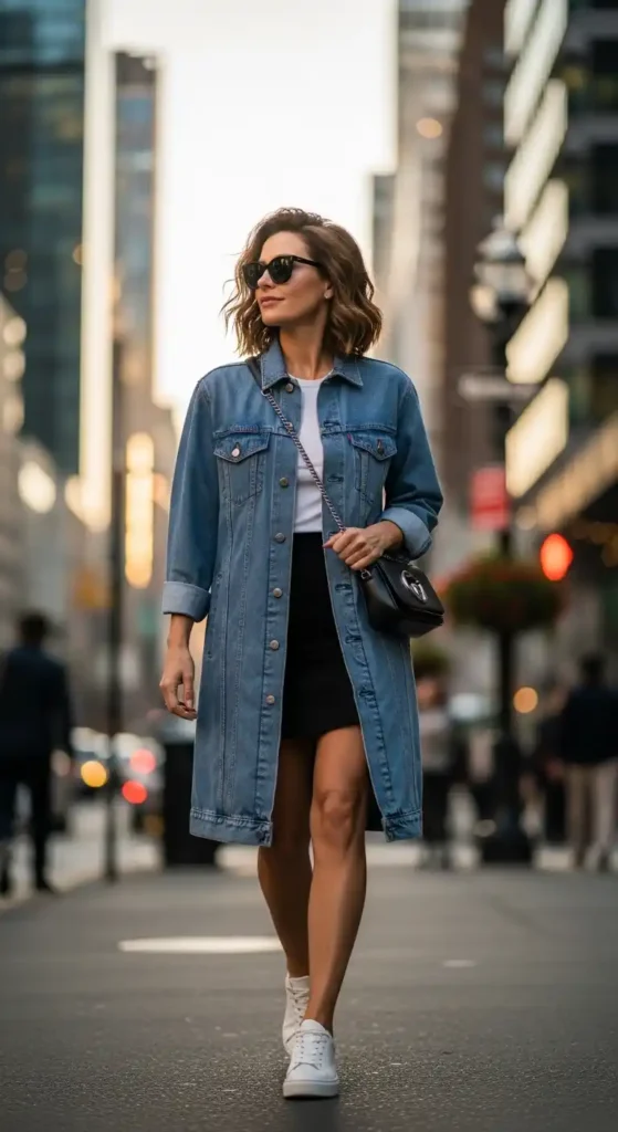 long-denim-jacket-basic-tee-mini-skirt
