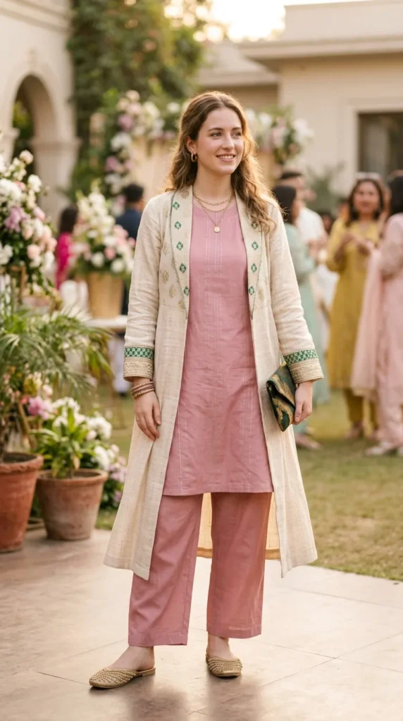 18 Modest Eid Outfit Ideas That Are Both Stylish and Comfortable 18 long-jacket-over-kurta-and-pants