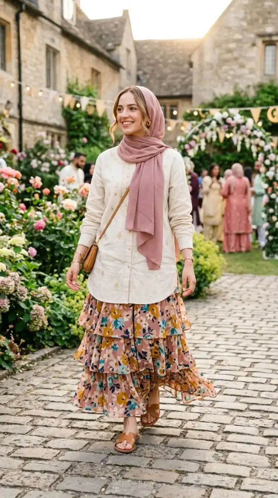 18 Modest Eid Outfit Ideas That Are Both Stylish and Comfortable 9 long-shirt-with-layered-skirt