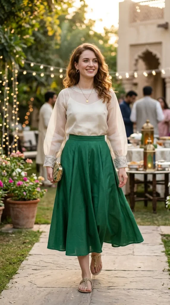 18 Modest Eid Outfit Ideas That Are Both Stylish and Comfortable 19 organza-top-with-flared-skirt
