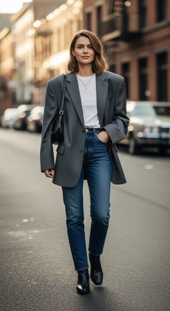 16 Chic 90s Minimalist Fashion Outfits That Are Back in Style 7 oversized-blazer-over-a-simple-tee