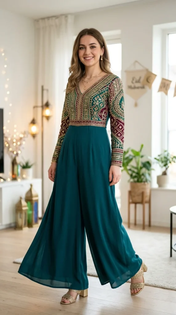 18 Modest Eid Outfit Ideas That Are Both Stylish and Comfortable 16 palazzo-jumpsuit-with-embellished-top