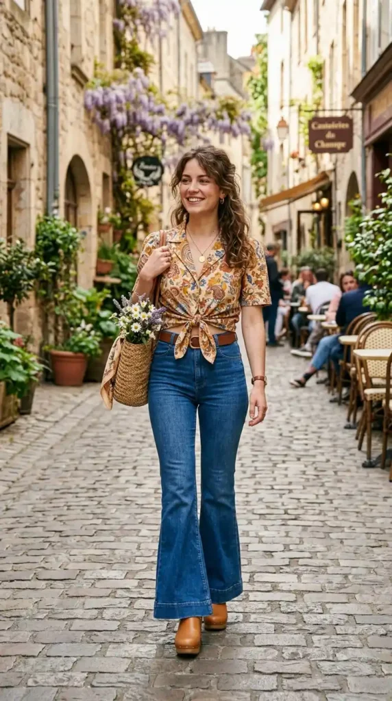 16 Vintage Spring Outfits to Bring Classic Charm to Your Wardrobe 6 pattern-knot-shirt-and-flared-jeans