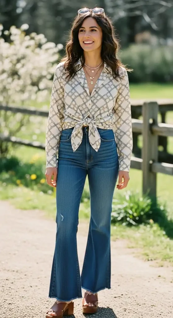 pattern-knot-shirt-and-flared-jeans