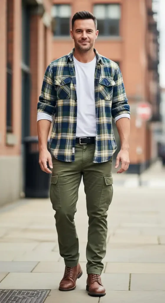 plaid-shirt-over-basic-tee-with-cargo-pants