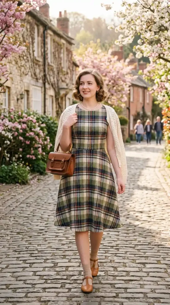 16 Vintage Spring Outfits to Bring Classic Charm to Your Wardrobe 13 plaid-tweed-dress