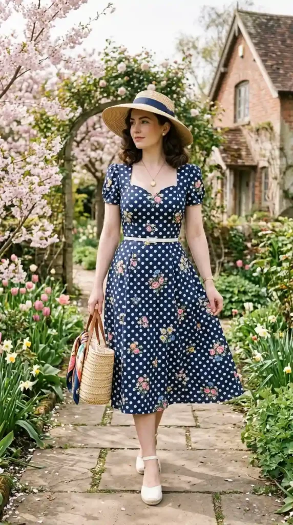 16 Vintage Spring Outfits to Bring Classic Charm to Your Wardrobe 12 polka-dot-floral-dress