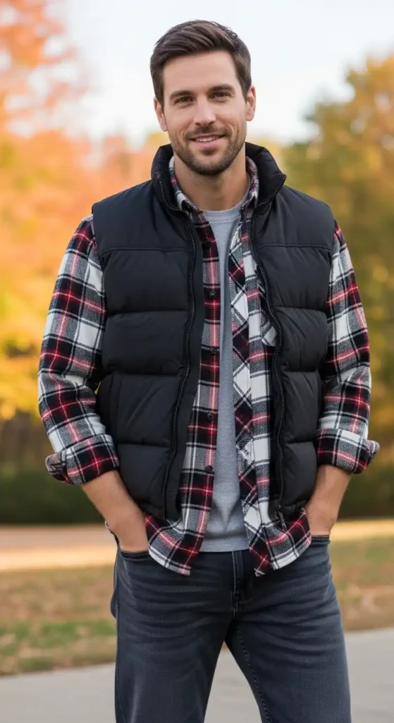 puffer-vest-over-flannel-shirt-with-pants