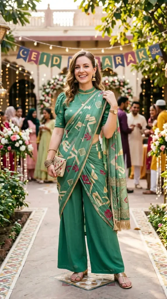 18 Modest Eid Outfit Ideas That Are Both Stylish and Comfortable 6 saree-with-a-contemporary-twist