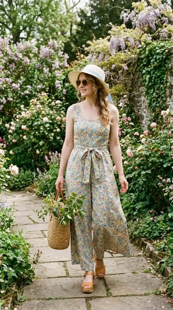 16 Vintage Spring Outfits to Bring Classic Charm to Your Wardrobe 9 sleeveless-floral-jumpsuit