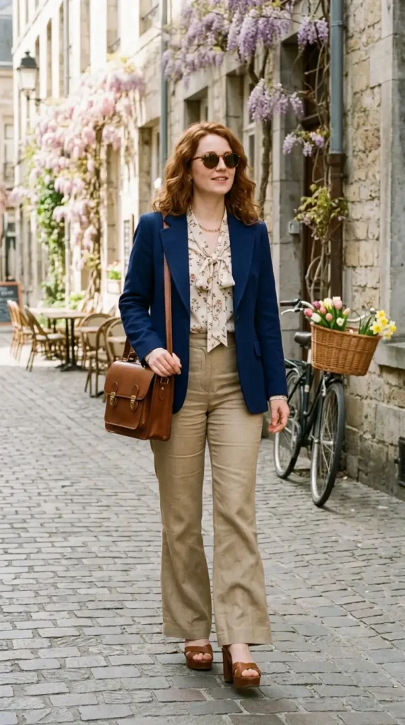 16 Vintage Spring Outfits to Bring Classic Charm to Your Wardrobe 2 solid-blazer-and-flared-pants