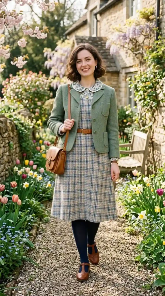 16 Vintage Spring Outfits to Bring Classic Charm to Your Wardrobe 15 tweed-dress-pattern-pan-collar-shirt-and-textured-jacket