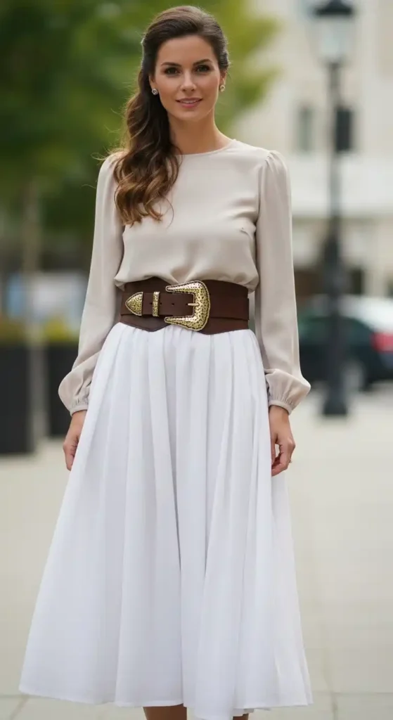 white-skirt-with-a-blouse-and-statement-belt