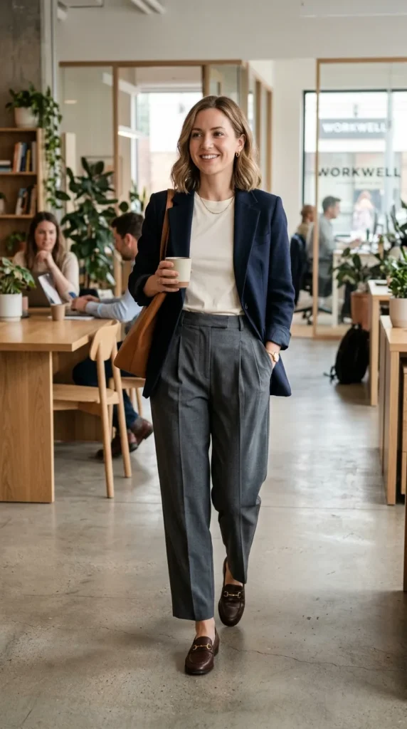 18 Business Casual Outfits That Are Stylish and Comfortable 15 blazer-basic-top-pleated-pants