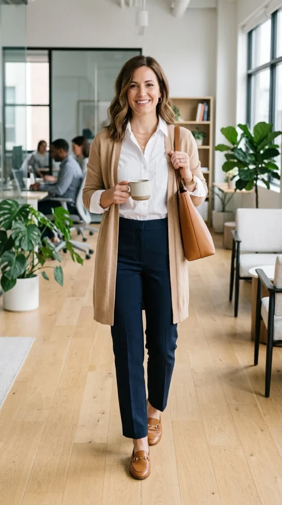 18 Business Casual Outfits That Are Stylish and Comfortable 5 cardigan-over-shirt-pants