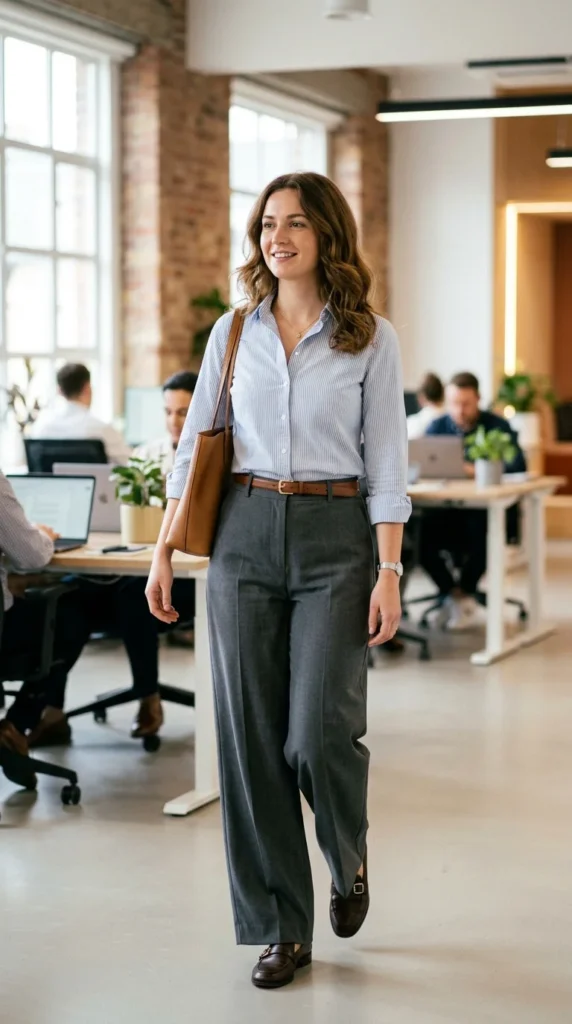 18 Business Casual Outfits That Are Stylish and Comfortable 12 crisp-shirt-wide-leg-pants