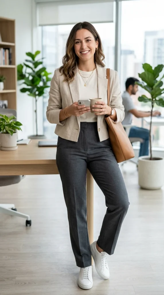 18 Business Casual Outfits That Are Stylish and Comfortable 11 cropped-blazer-basic-tee-pants