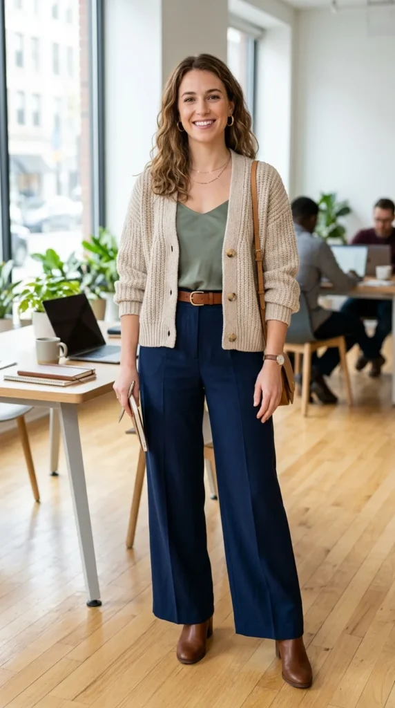 18 Business Casual Outfits That Are Stylish and Comfortable 3 cute-cardigan-wide-leg-pants