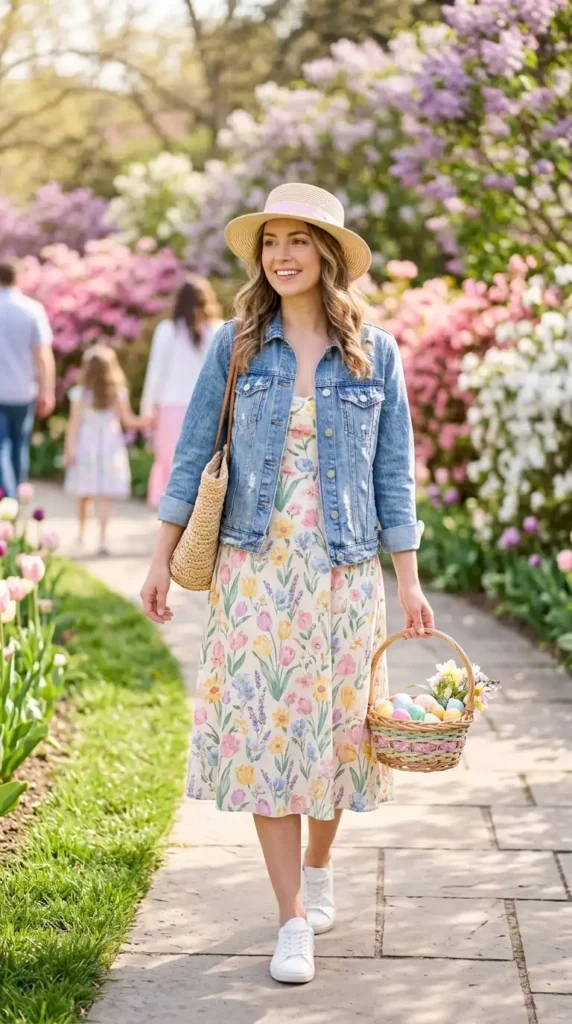 17 Trendy Chic Easter Outfits for an Elegant Easter Celebration 9 denim-jacket-over-a-floral-dress