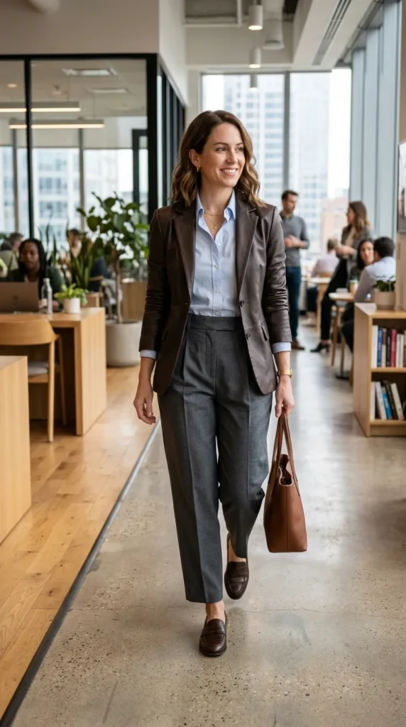 18 Business Casual Outfits That Are Stylish and Comfortable 10 leather-blazer-shirt-pleated-pants