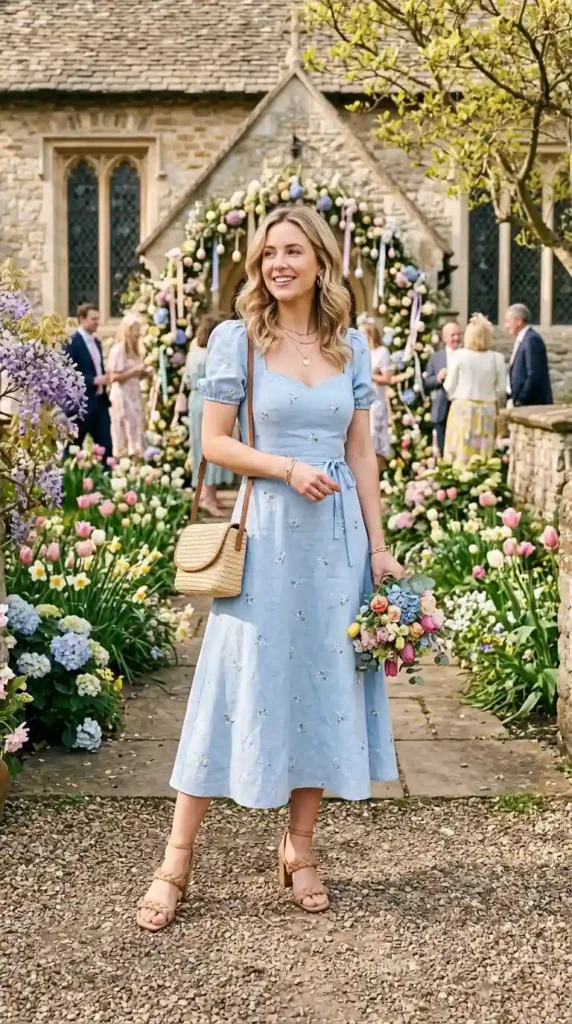 17 Trendy Chic Easter Outfits for an Elegant Easter Celebration 18 light-blue-dress-with-neutral-sandals
