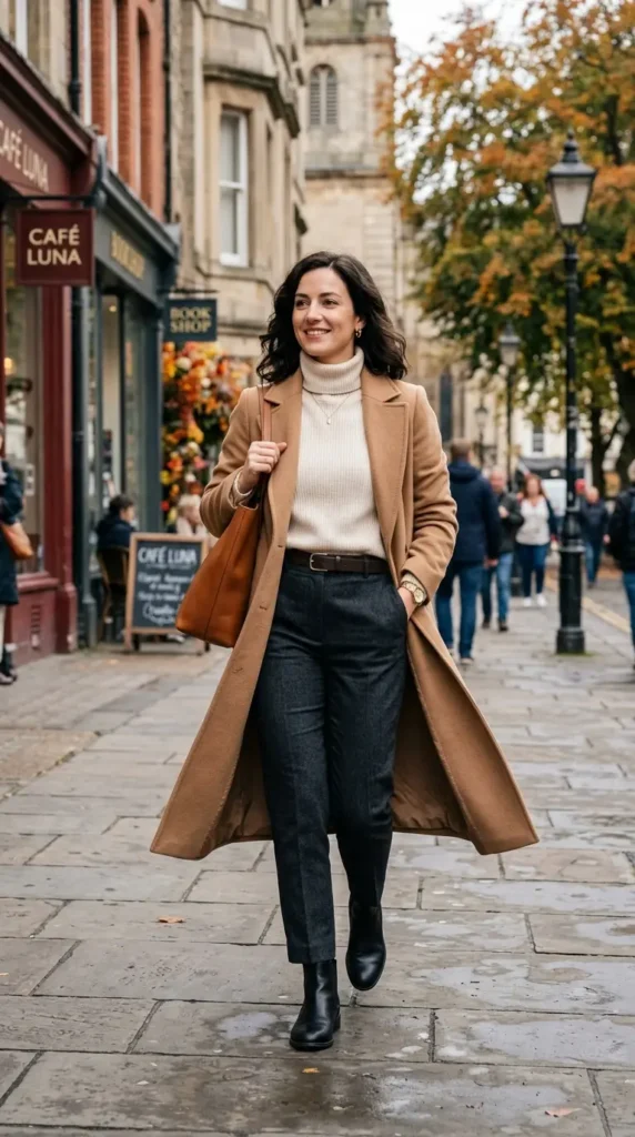 18 Business Casual Outfits That Are Stylish and Comfortable 7 long-coat-turtleneck-sweater-pants