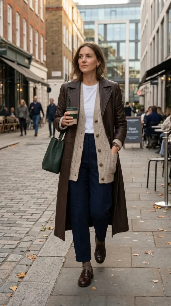 18 Business Casual Outfits That Are Stylish and Comfortable 2 long-leather-coat-cardigan-pants