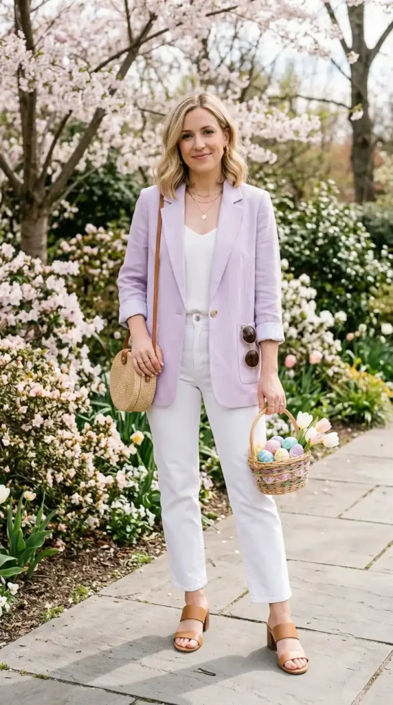 17 Trendy Chic Easter Outfits for an Elegant Easter Celebration 3 pastel-blazer-with-white-jeans
