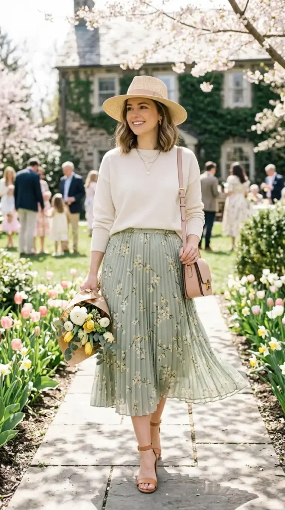 17 Trendy Chic Easter Outfits for an Elegant Easter Celebration 5 pleated-skirt-with-lightweight-sweater