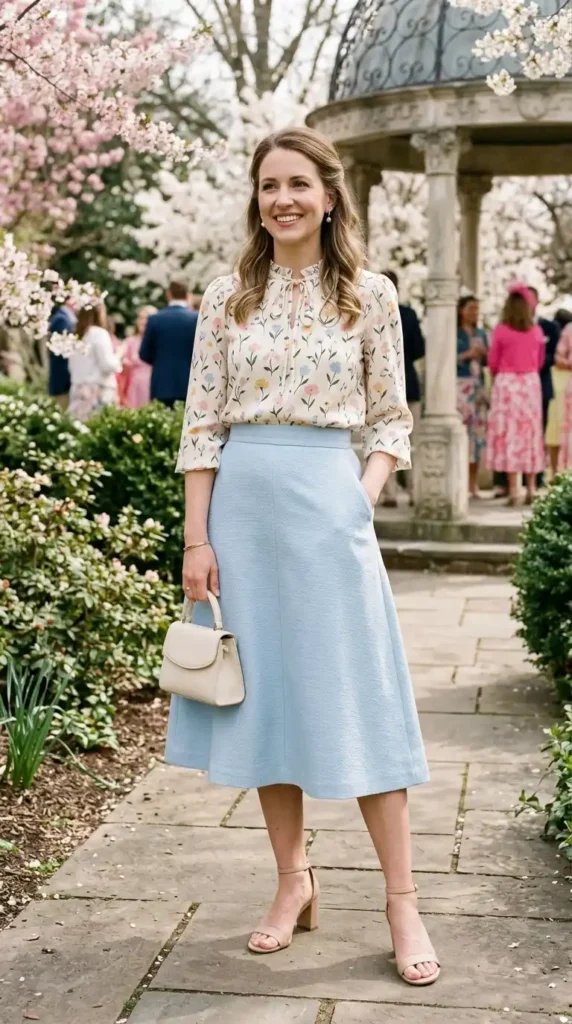 17 Trendy Chic Easter Outfits for an Elegant Easter Celebration 17 printed-blouse-with-a-line-skirt