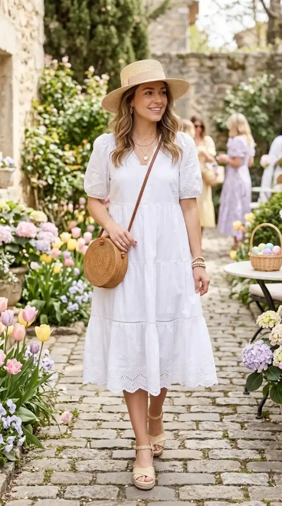 17 Trendy Chic Easter Outfits for an Elegant Easter Celebration 7 white-dress-with-straw-accessories