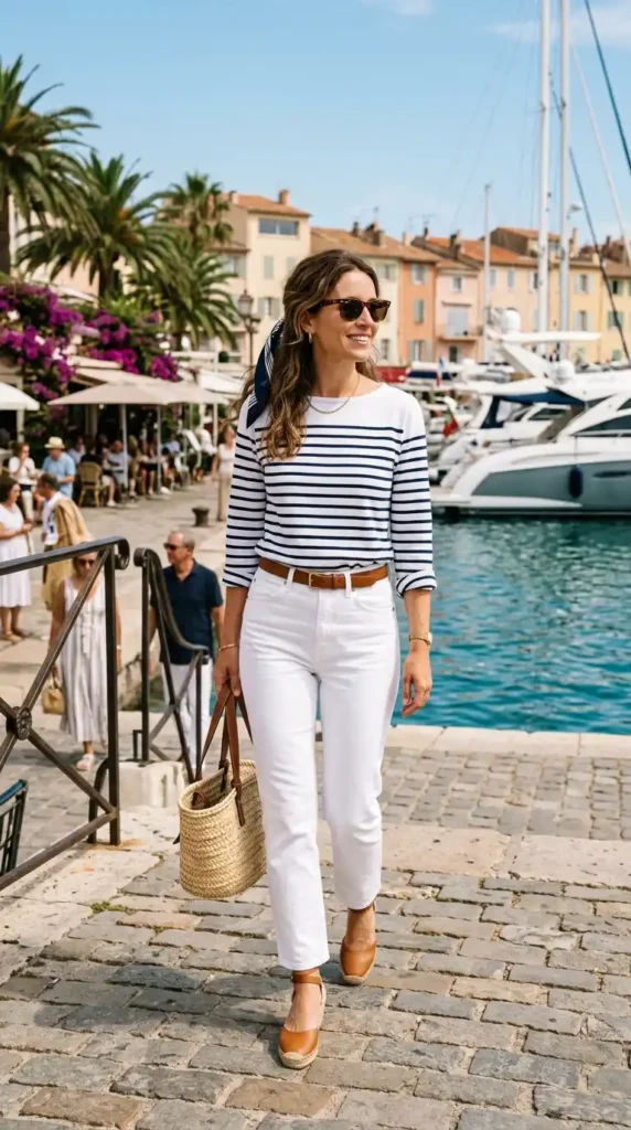 17 Best Old Money Summer Outfits Ideas for Minimal Luxury Fashion 10 Breton-Stripe-Top-with-White-Jeans