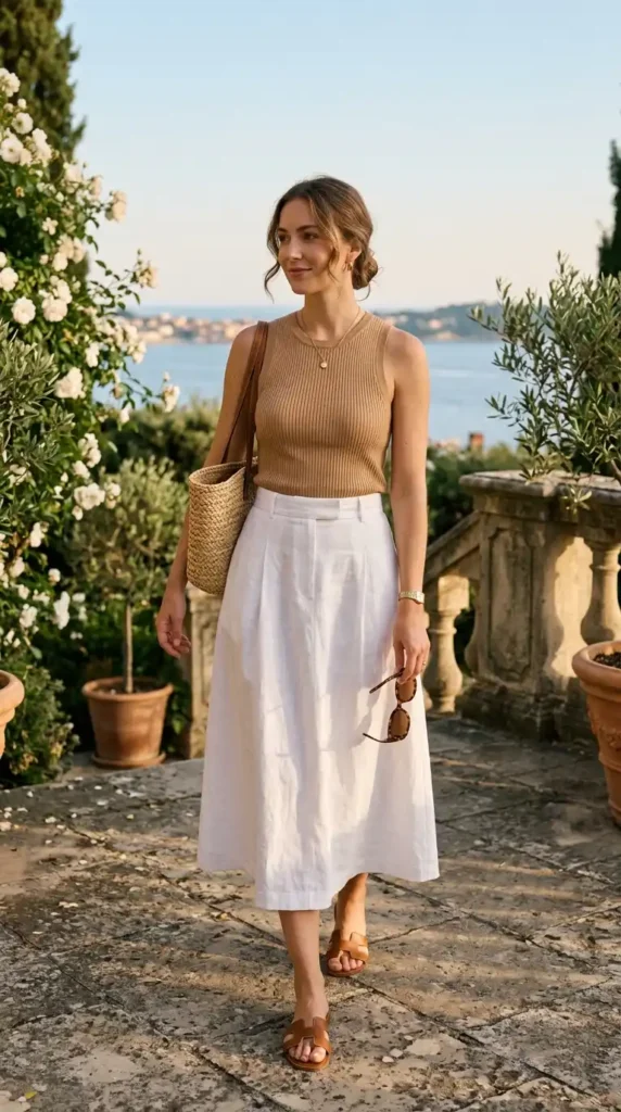 17 Best Old Money Summer Outfits Ideas for Minimal Luxury Fashion 16 Camel-Knit-Tank-with-White-Skirt