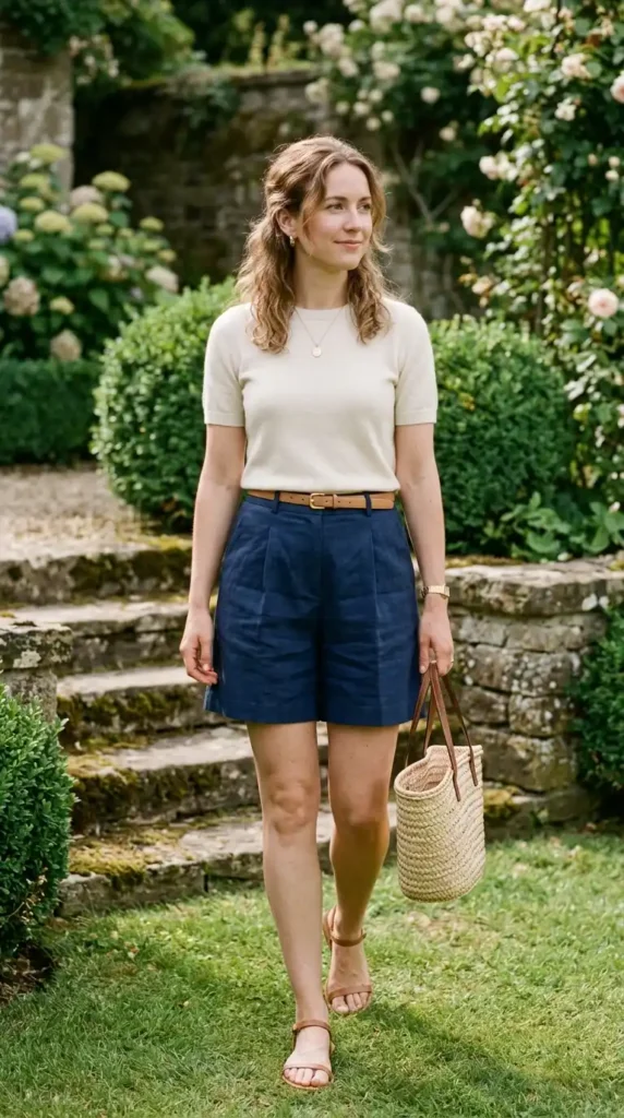 17 Best Old Money Summer Outfits Ideas for Minimal Luxury Fashion 9 Cashmere-Tee-with-Pleated-Shorts