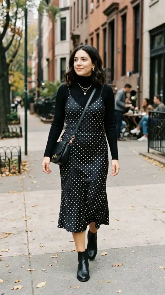 Polka-Dot-Slip-Dress-and-a-Fitted-Turtleneck