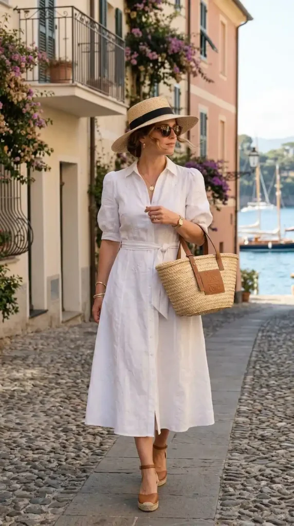 17 Best Old Money Summer Outfits Ideas for Minimal Luxury Fashion 7 White_midi_dress_straw_accessories