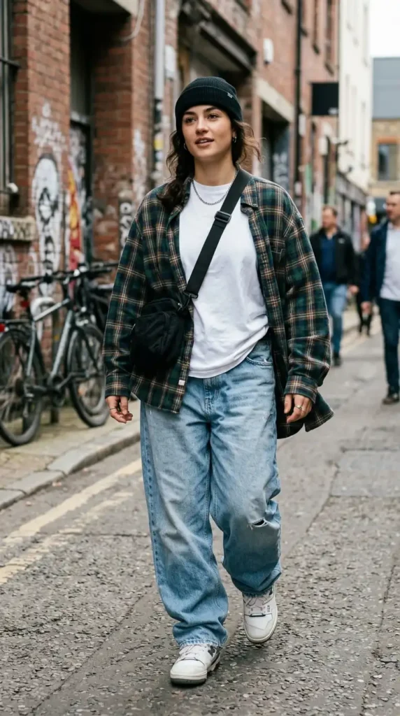 baggy-jeans-with-a-flannel-shirt-layer