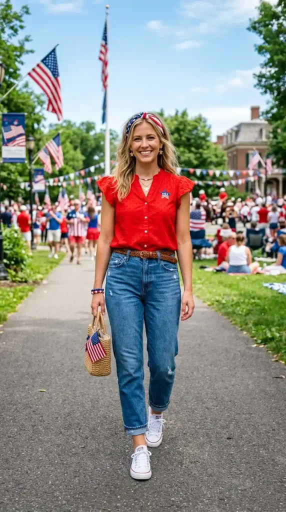 17 Amazing 4th of July Outfit Ideas to Show Your Patriotic Spirit 10 blue-jeans-and-red-blouse