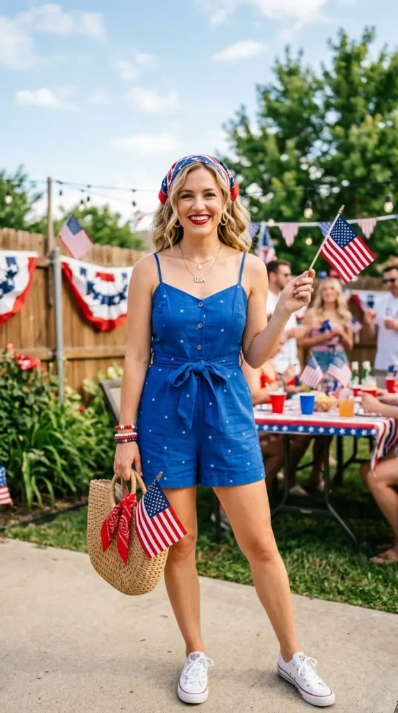 17 Amazing 4th of July Outfit Ideas to Show Your Patriotic Spirit 16 blue-romper-with-accessories