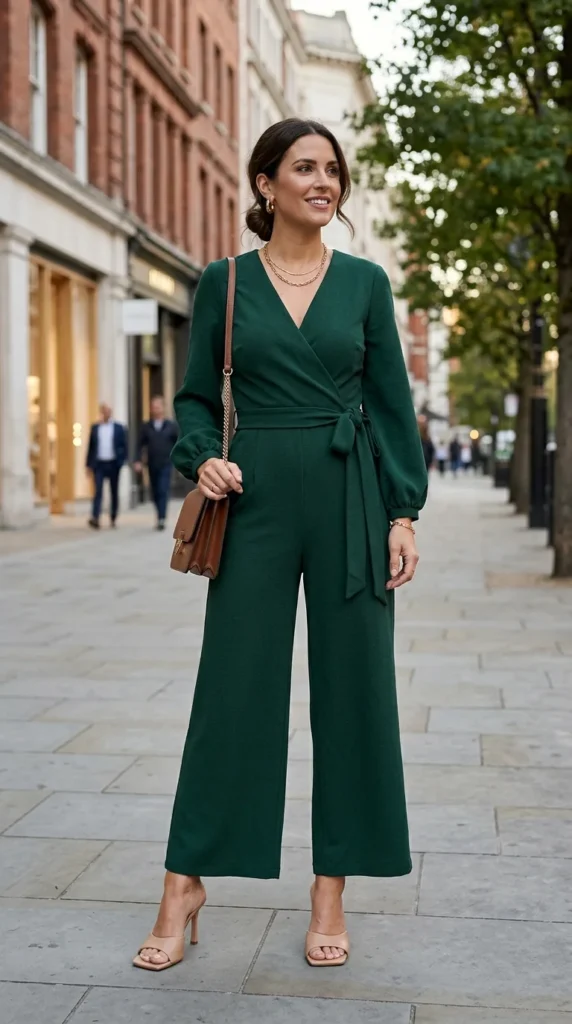 Green Jumpsuit Styles: 15+ Fashionable Ways to Wear It Confidently 11 bottle-green-wrap-style-jumpsuit