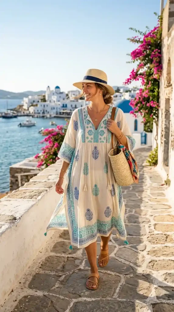 Vacation Outfit Ideas: 15 Stylish Looks for a Trendy Holiday Wardrobe 17 breezy-kaftan-with-flat-sandals