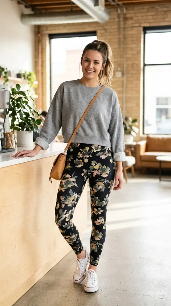 16 Cute Leggings Outfit Ideas for Easy Everyday Fashion Inspiration 8 cropped-sweatshirt-with-printed-leggings